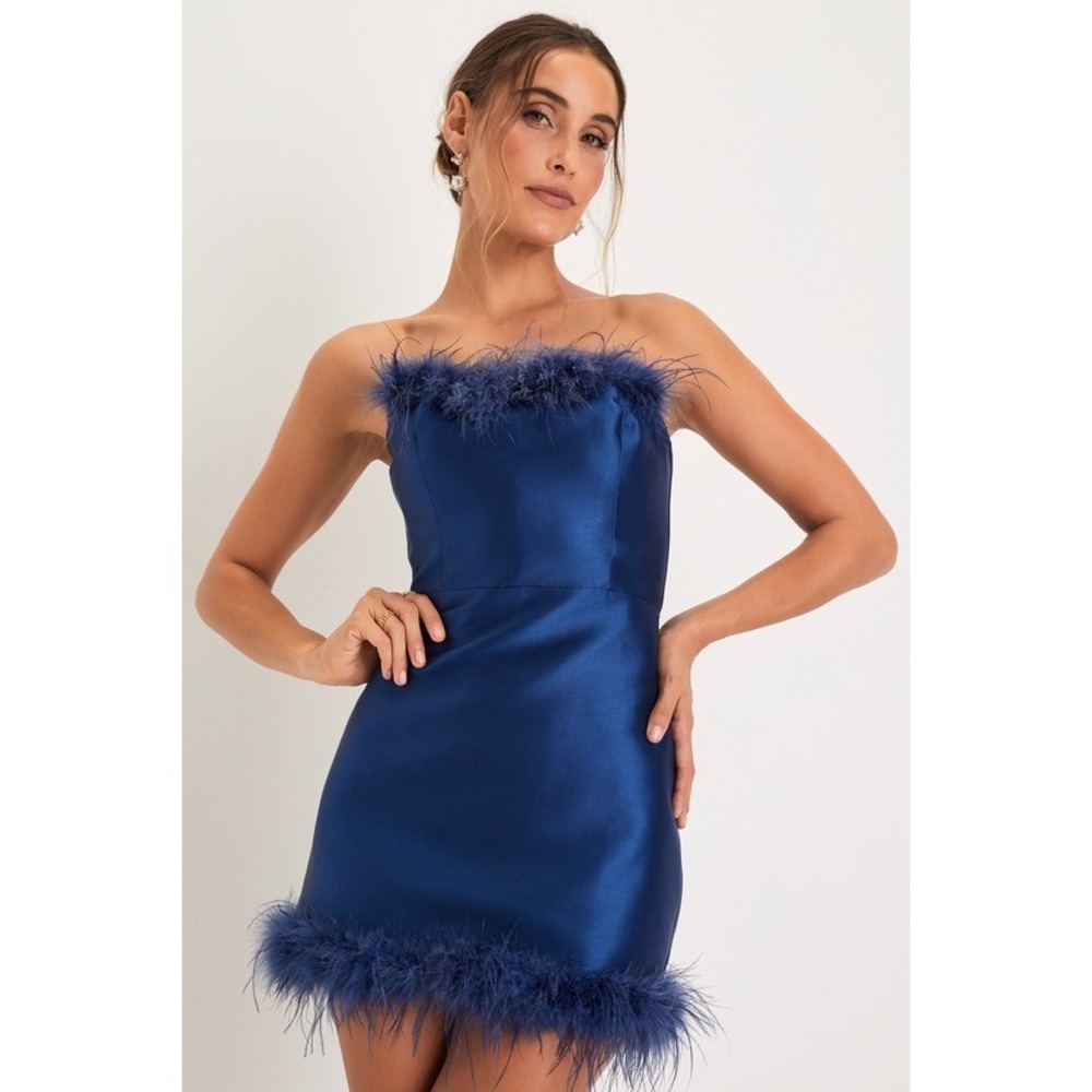 Lulu's Navy Blue Strapless Feather Trim Mini Dress